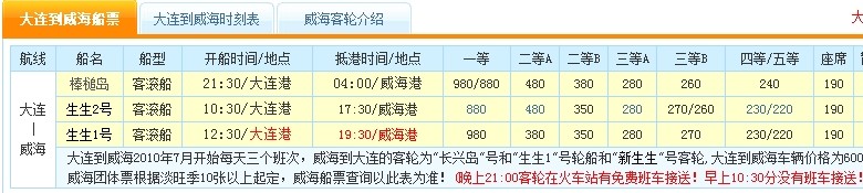 大连到威海的轮船时刻表和票价？