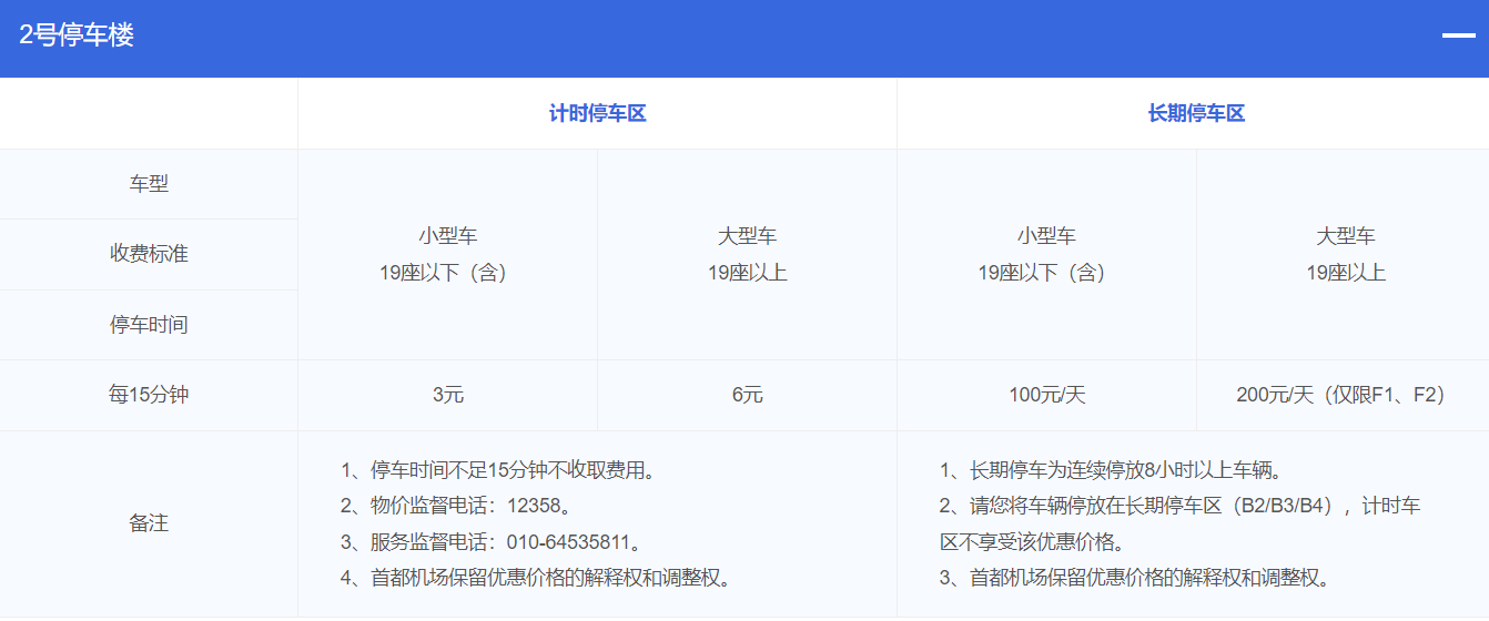 北京首都机场停车收费标准