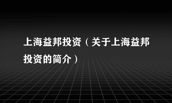 上海益邦投资（关于上海益邦投资的简介）