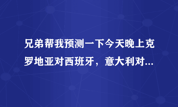 兄弟帮我预测一下今天晚上克罗地亚对西班牙，意大利对爱尔兰的比分，谢谢你了