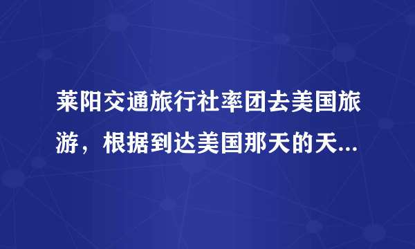 莱阳交通旅行社率团去美国旅游，根据到达美国那天的天气预报图，回答19～20题。该日，下列城市的天气对出行最有利的是（　　）A.芝加哥B. 洛杉矶C. 休斯敦D. 纽约